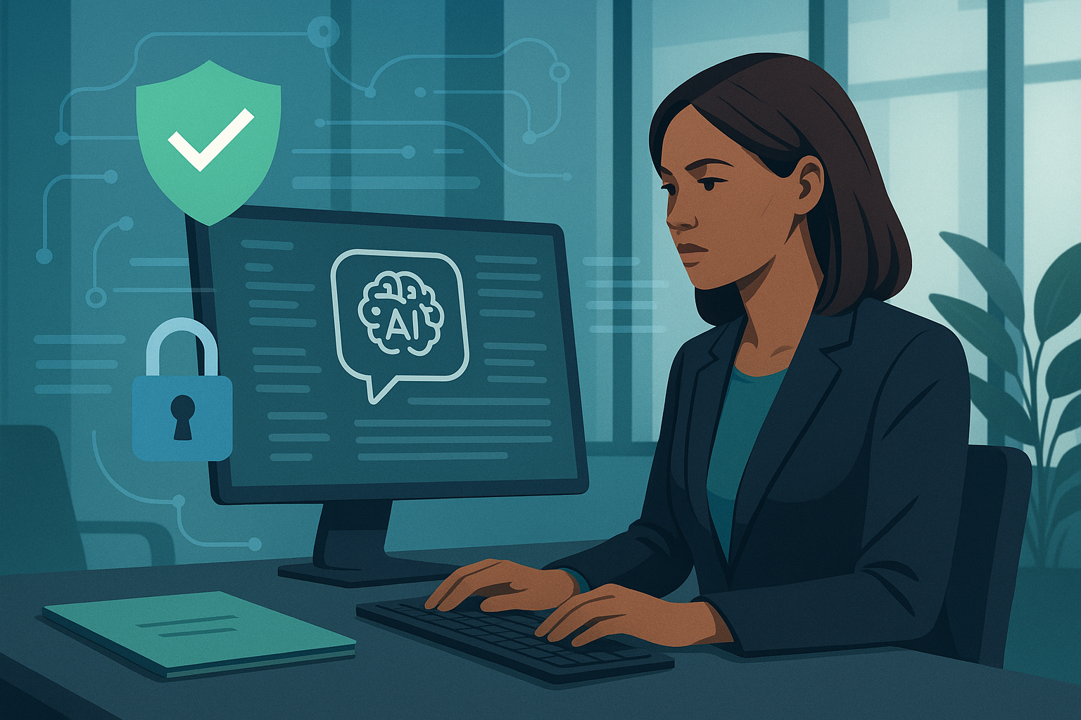 AI Safety for SMBs: Before Your Team Hands Company Data to LLMs 1 Business professional reviewing AI safety and data governance on modern screens