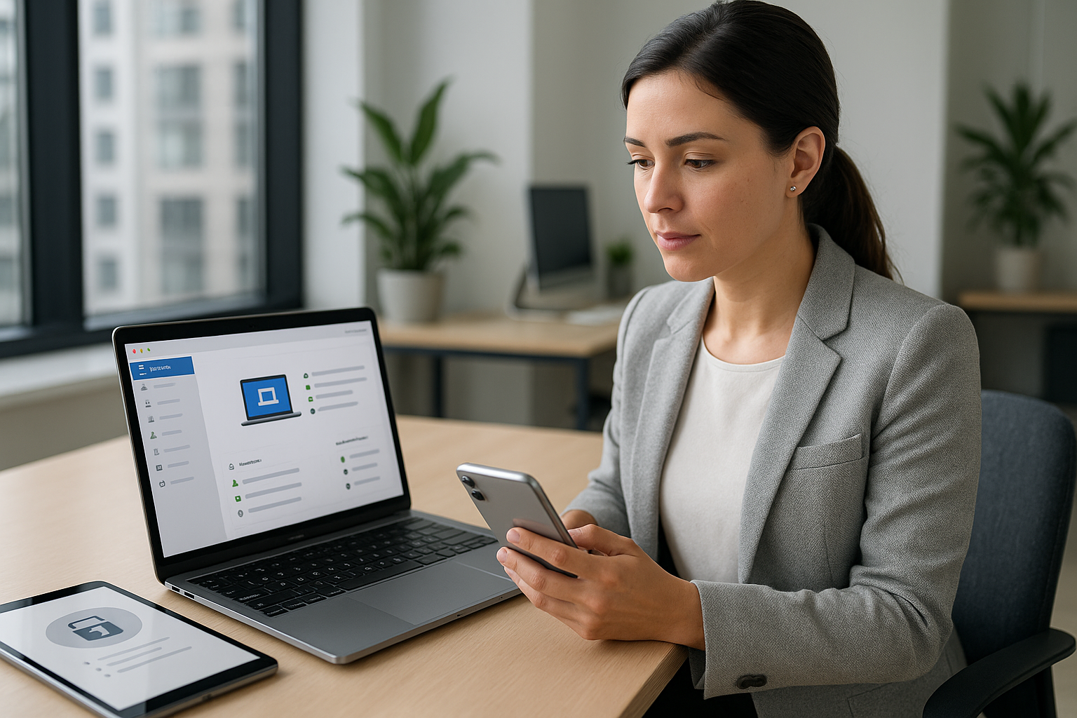 Professionals using Apple-style business devices with a fleet management backdrop