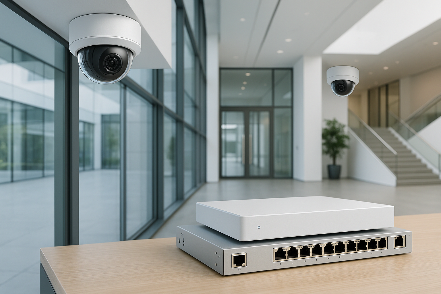 UniFi Camera Systems: A Smarter Alternative to Traditional CCTV 1 Modern business surveillance setup with UniFi-style security cameras and monitoring